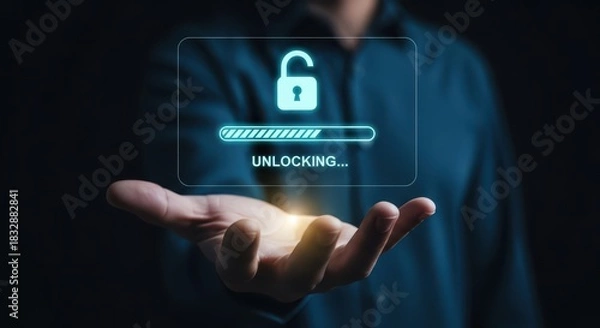 Obraz Data Unlocking and Authorization Concept with Progress Bar and Open Padlock Icon