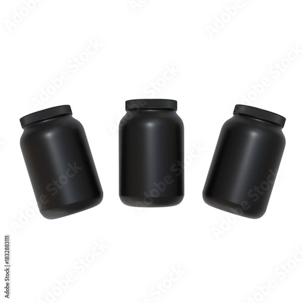 Obraz 3D Render three black jars with lids on a white background
