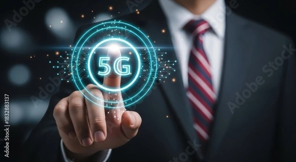 Obraz Businessman Touching a Glowing 5G Network Icon for High-Speed Wireless Communication