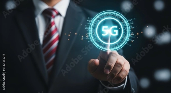 Obraz Businessman Touching a Glowing 5G Network Icon for High-Speed Wireless Communication