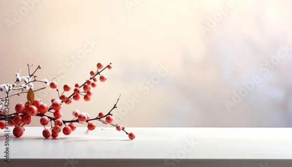 Obraz 滑らかな雪白の背景に、冬のベリーの枝が縁にそっと置かれた、静かで落ち着いた印象の映像です。
柔らかい光が広い余白を包み、季節のメッセージ、冬の販促、ナチュラル系デザインに適しています。