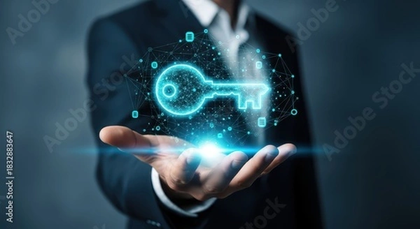 Obraz Digital Key Access and Security Concept with Businessman Holding Glowing Key Icon in Hand