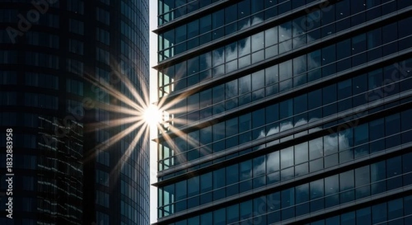 Obraz Sunburst Reflection on Modern Glass Skyscraper Facade, Abstract Financial Corporate Architecture