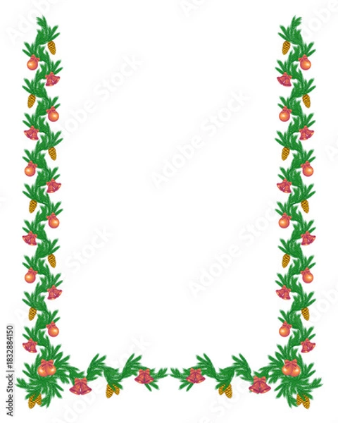 Fototapeta Christmas frame, isolated garland of fir branches with bells, balls, and pine cones on a white background. Vector illustration.