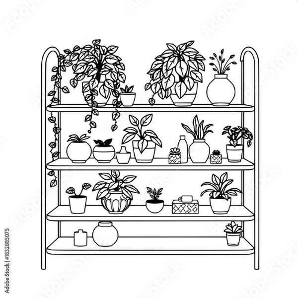 Fototapeta Crisp line-art illustration of a three-tier shelving system with smooth rounded edges and a minimalist metal frame, adorned with a variety of lush indoor plants with delicate leaves and vibrant green 