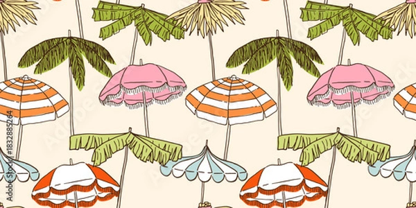 Fototapeta Seamless pattern with beach umbrellas.Tropical palm tree leaves parasols. Hand drawn ink vector illustration.Elements for poster, social media, banners, invitation.Trendy coastal summer sketch.