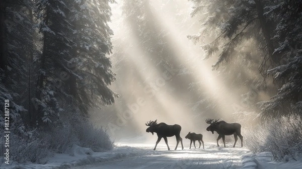Fototapeta Two moose walking down a snowy road