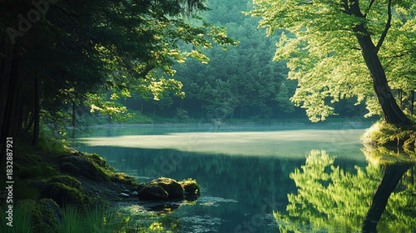 Fototapeta Imagine a hidden spot by a quiet lake, where the forest and water meet. What feelings of solitude and relaxation come over you in this secluded place?