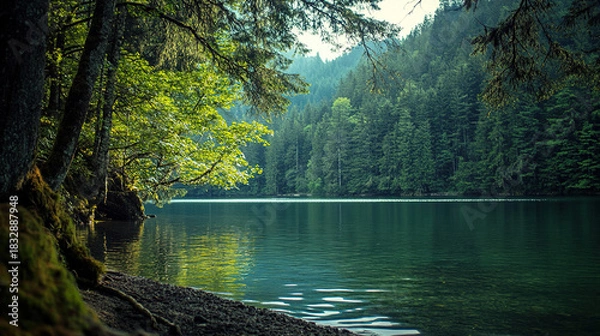 Fototapeta Imagine a hidden spot by a quiet lake, where the forest and water meet. What feelings of solitude and relaxation come over you in this secluded place?