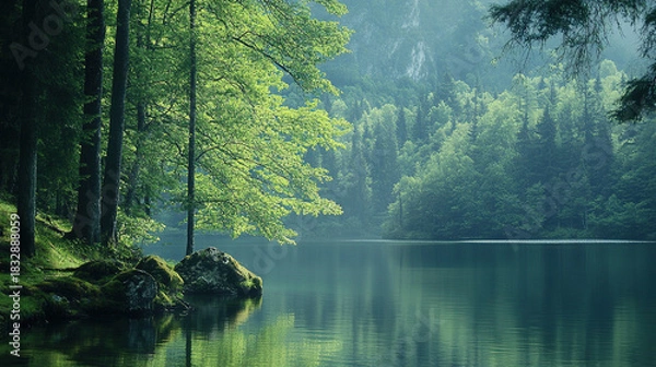 Fototapeta Imagine a hidden spot by a quiet lake, where the forest and water meet. What feelings of solitude and relaxation come over you in this secluded place?