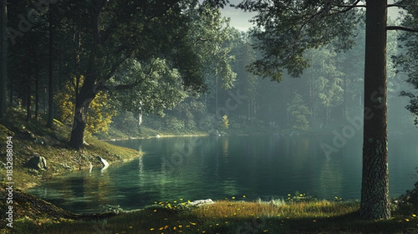 Fototapeta Imagine a hidden spot by a quiet lake, where the forest and water meet. What feelings of solitude and relaxation come over you in this secluded place?