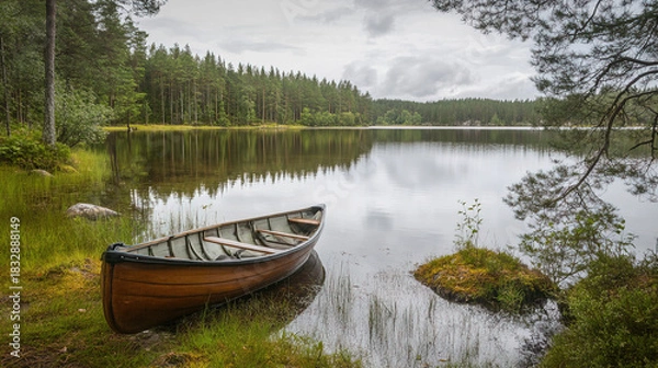 Fototapeta Imagine a hidden spot by a quiet lake, where the forest and water meet. What feelings of solitude and relaxation come over you in this secluded place?