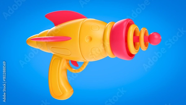 Obraz Cartoon futuristic alien space gun in bright colorful glossy style. Realistic 3d illustration for child toy or concept art for game.