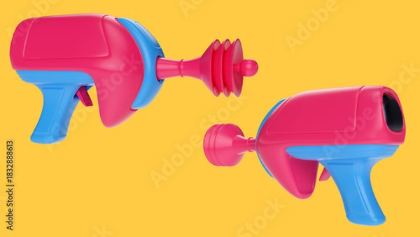 Obraz Cartoon futuristic alien space gun in bright colorful glossy style. Realistic 3d illustration for child toy or concept art for game.