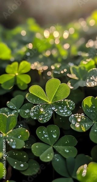 Fototapeta A close-up view of fresh dew drops resting on vibrant four-leaf clover leaves.

