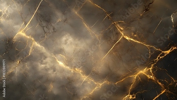 Fototapeta Glowing golden cracks across a dark marble texture with a moody rich finish.
