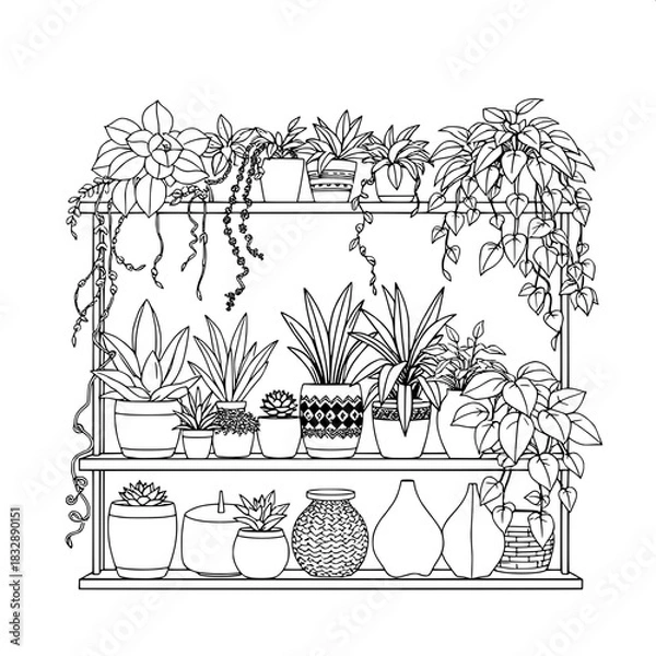 Fototapeta Stylized line art of an interior plant display shelf featuring a variety of succulents with plump leaves, trailing vines with delicate tendrils, and lush leafy plants with intricate details, accompani