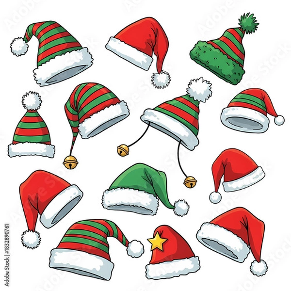 Obraz Nine Festive Santa Hats, Santa Claus hats set, Christmas and New Year illustration