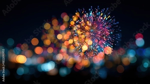 Obraz Artistic Bokeh Fireworks Bursting in Vibrant Colors Over Blurred Cityscape.