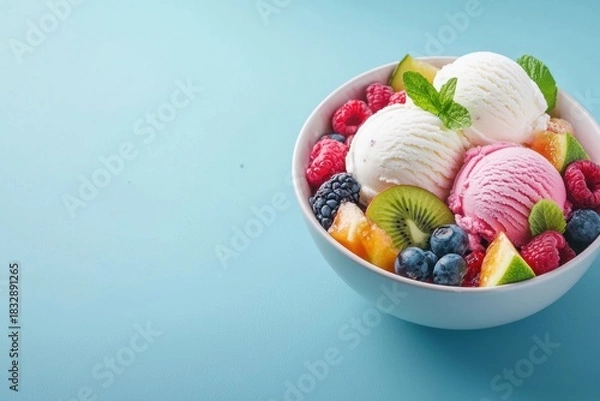 Fototapeta Colorful bowl of ice cream scoops with fresh mixed berries, kiwi slices, and mint leaves on light blue background, creating refreshing and vibrant dessert presentation