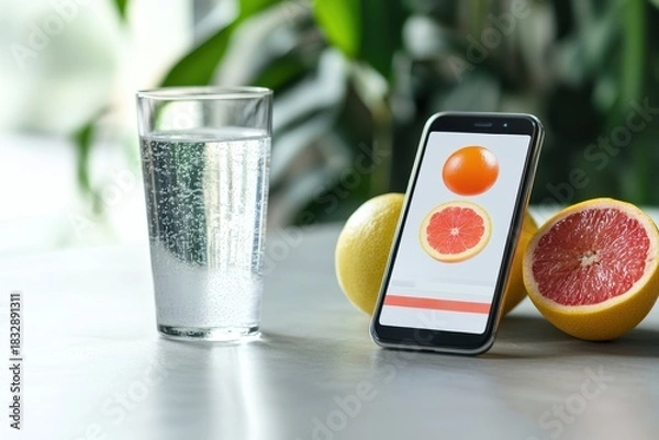 Fototapeta Smartphone displaying fruit app with orange and grapefruit image next to fresh grapefruit halves and glass of sparkling water on table in natural light