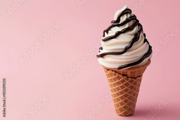 Fototapeta Creamy soft serve ice cream cone topped with rich chocolate syrup on waffle cone against pastel pink background, evoking sweet and delightful treat