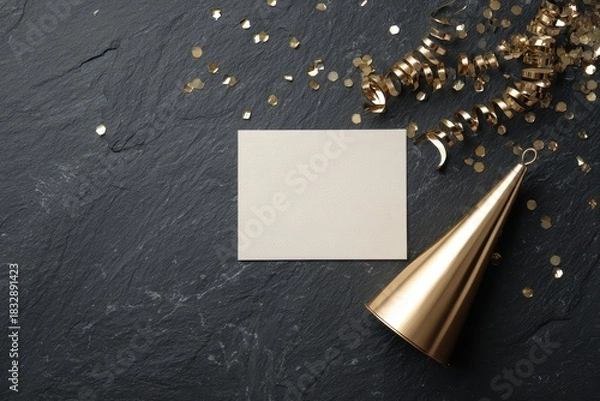 Obraz Elegant Celebration Mockup - Blank Card with Golden Party Hat and Confetti on Dark Slate.