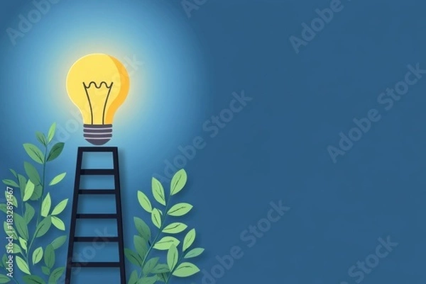 Fototapeta Glowing light bulb above black ladder surrounded by green leaves on blue background symbolizes growth, creativity, and climb towards new ideas and innovation