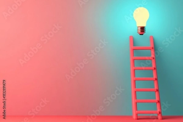 Fototapeta Red ladder stands against blue and pink gradient wall, leading up to glowing light bulb symbolizing bright ideas and creative thinking in minimalistic setting