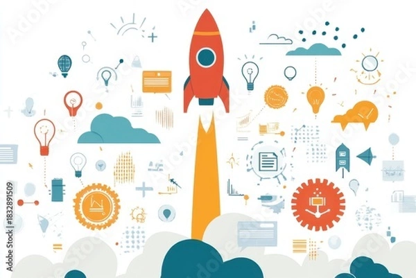 Fototapeta Colorful rocket launching upward surrounded by various icons representing ideas, innovation, and technology, symbolizing growth and creative progress