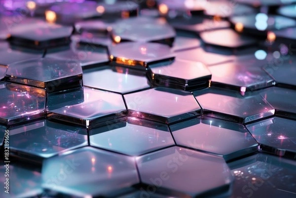 Fototapeta Interlocking hexagonal tiles with reflective surfaces create futuristic and vibrant pattern in soft purple and blue lighting, evoking modern and dynamic atmosphere