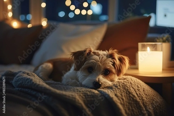 Fototapeta Small dog resting on cozy blanket on bed with warm candlelight and soft bokeh lights in background creating peaceful and comforting atmosphere