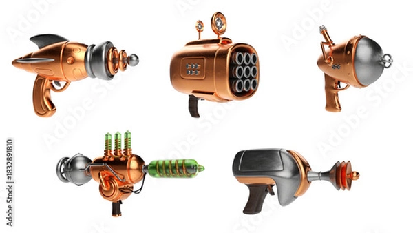 Obraz Set of futuristic space weapons, ray guns or laser blasters in cartoon retro style. 3d illustration isolated on white background.