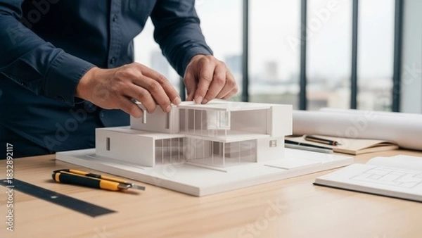 Fototapeta Architect Creates Detailed Scale Model of Contemporary House with Modern Design Carefully Assembling Structure Using Miniature Elements to Showcase Architectural Vision