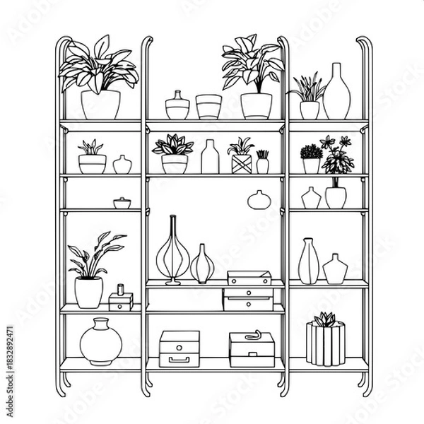 Fototapeta Clean outline drawing of a decorative indoor shelving system with sleek metal frames and rounded edges, holding a variety of potted plants with lush green leaves, small decorative objects like vintage