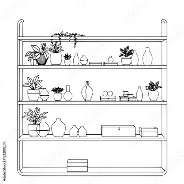 Fototapeta Clean outline drawing of a decorative indoor shelving system with sleek metal frames and rounded edges, holding a variety of potted plants with lush green leaves, small decorative objects like vintage