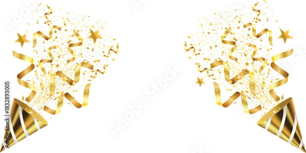 Fototapeta Golden confetti and party poppers isolated on a white background