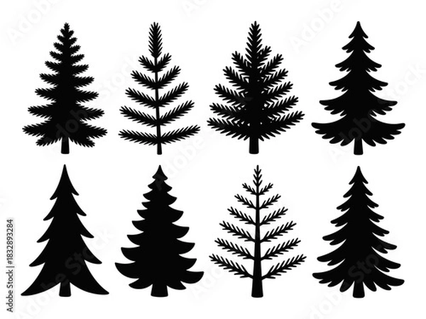 Obraz Diverse evergreen tree silhouettes collection for design projects.