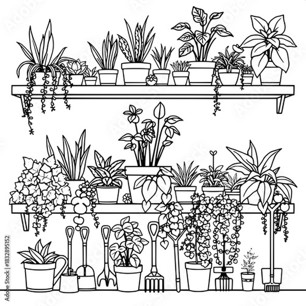 Fototapeta Simple black-line illustration of wooden shelves packed tightly with a variety of lush houseplants of different shapes and sizes, including tall and slender plants, rounded succulents, and trailing vi