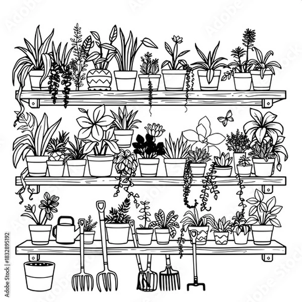 Fototapeta Simple black-line illustration of wooden shelves packed tightly with a variety of lush houseplants of different shapes and sizes, including tall and slender plants, rounded succulents, and trailing vi