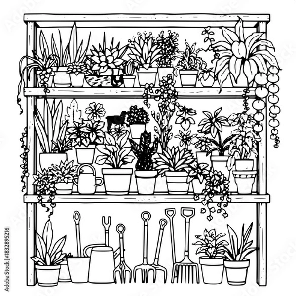 Fototapeta Simple black-line illustration of wooden shelves packed tightly with a variety of lush houseplants of different shapes and sizes, including tall and slender plants, rounded succulents, and trailing vi