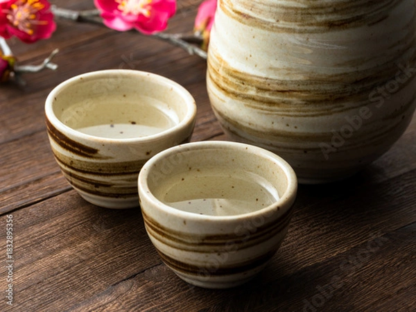 Obraz 陶器の酒器と梅の花の和風テーブルイメージ

