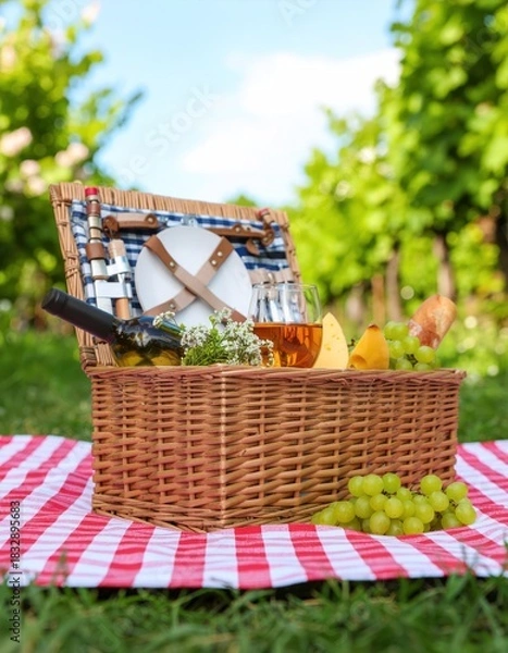 Fototapeta Beautiful Outdoor Picnic Basket with Wine, Cheese, and Grapes on Grass