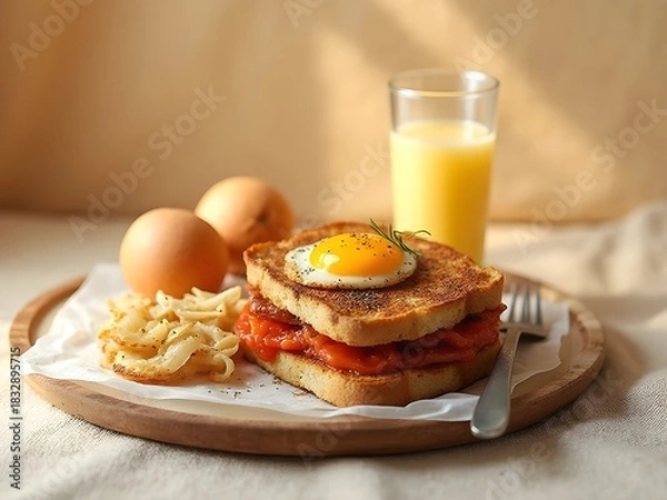 Obraz Gourmet Breakfast Plate with Fried Egg, Toasted Bread, and Fresh Orange Juice in Warm Morning Light