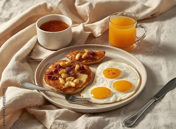 Obraz Gourmet Breakfast Plate with Fried Egg, Toasted Bread, and Fresh Orange Juice in Warm Morning Light