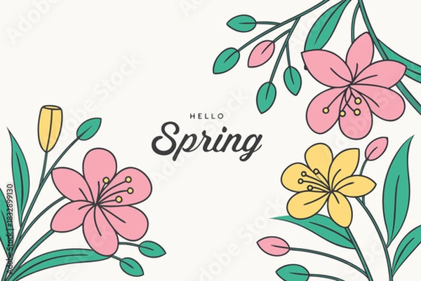 Obraz Hello spring card with pink yellow teal flowers on white vector background