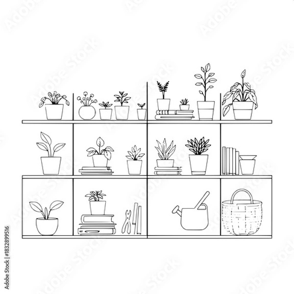Fototapeta Minimalist interior design line drawing of a sleek shelving unit with clean lines and simple shapes, organized with a variety of potted plants with delicate leaves and slender stems, stacked books wit