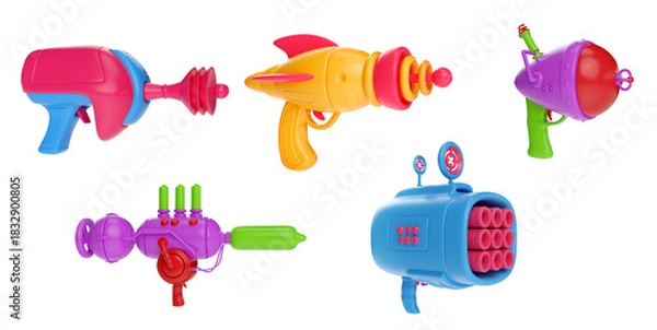 Obraz Set of futuristic space weapons, ray guns or laser blasters in cartoon retro style. 3d illustration child toy isolated on white background.