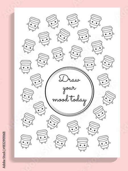 Obraz Mood tracking page template with a kawaii coffee cup, cute vector mental health planner