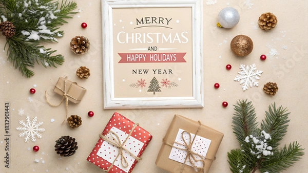 Fototapeta Merry Christmas and Happy Holidays greeting card, frame, banner. New Year. Christmas ornaments and gifts, presents on light beige background top view. Winter xmas holiday festive theme.
